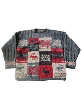 Woolrich John Rich & Bros Patchwork Wool Sweater Moose Snowflake Sweater. Sz. M